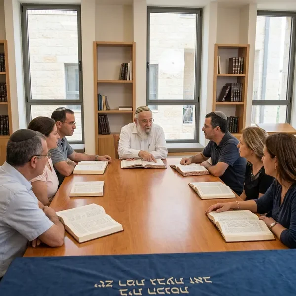 שיעור תורה עם רב ותלמידים סביב שולחן