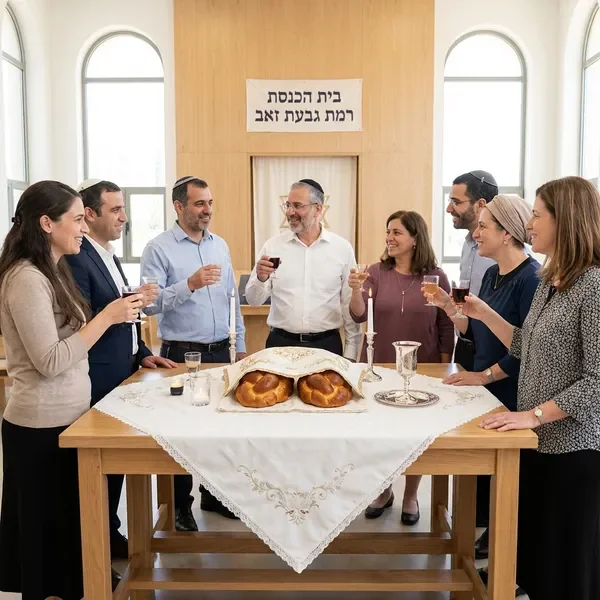 שולחן שבת קהילתי בבית הכנסת עם חלות ויין